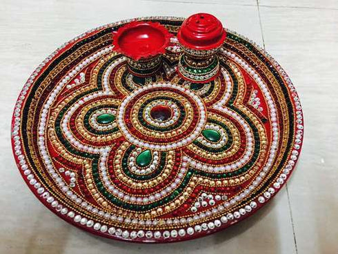 Decorated Arti plate with Deepam and agarbathi stand - 300gms